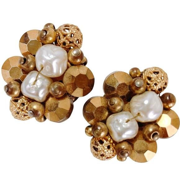 VTG Mid Century Clip On Earrings Faux Pearl Gold Tone Bead Cluster 1950s Baroque - Picture 1 of 11